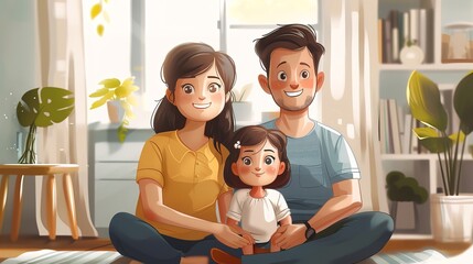 Wall Mural - Portrait of a usa family with parents and their young toddler kid at happy home 