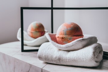 Wall Mural - A bath bomb on a towel in front of two mirrors, AI