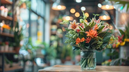 Poster - A close-up shot of a vibrant flower arrangement in a glass jar, positioned on a wooden table in a flower shop. The background is blurred, showing shelves and other plants.