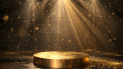Poster - Illuminated round stage with golden lights and sparkling particles on a dark background