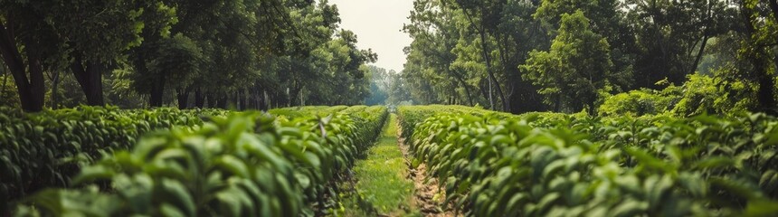 Wall Mural - panoramic view of an endless field with green sweet pepper plants growing in rows, a wide path leading through the middle of it, trees on both sides,