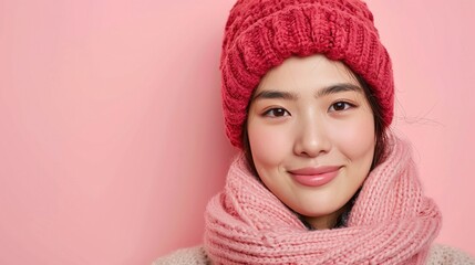 Canvas Print - Happy asian woman wear winter cloth isolated on pastel background