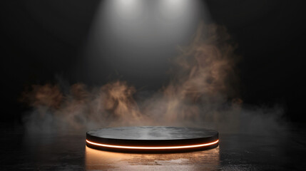 Poster - Round stage illuminated with smoke, surrounded by a dark, atmospheric backdrop
