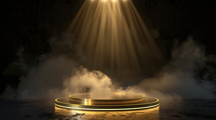 Poster - Circular stage with atmospheric smoke illuminated by a spotlight in a dim setting