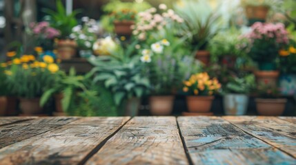 A wooden tabletop in front of a blurred background of potted plants.