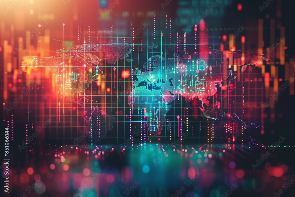 A professional photo of a digital world map overlaid with global stock ...