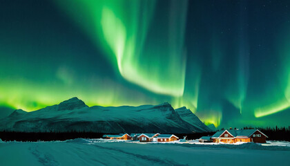 Aurora borealis in the mountains with silhouette of a forest
