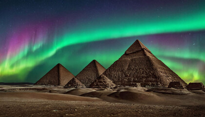 Wall Mural - northern sky pyramids of giza background milky way galaxy natural event wonderful play of colors
