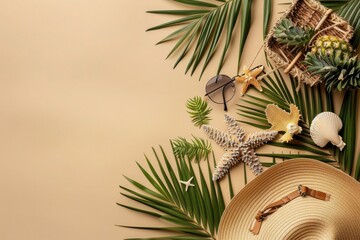 Top view flat lay composition of a straw bag, sunglasses and hat with tropical palm leaves, pineapple, and starfish on a beige background with copy space area for a summer vacation concept. 