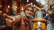 © AS Photo Family - Smiling Young Man Pointing While Standing Next To Scooter In Vibrant Street Scene