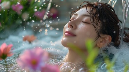 Poster - Portrait of beautiful Korean enjoying spa surrounded by waterfall flowers, spa concept, skincare, photo