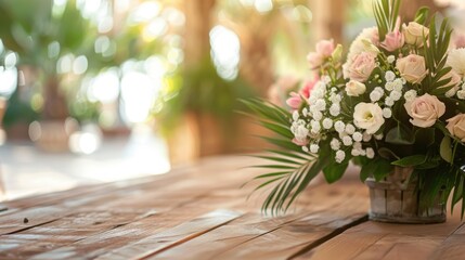 Poster - Close-up of lovely flower arrangement in rustic wood pot on a weathered table. Pink and white flowers blend with greenery and sunlight in background.