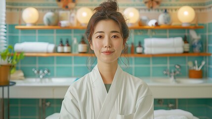 Poster - portrait of a korean woman in spa bathroom, photo