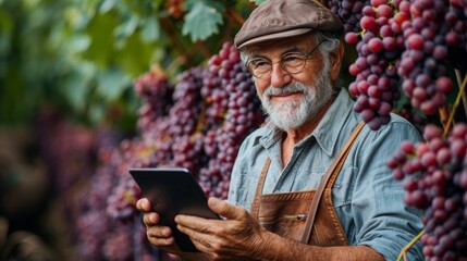 Wall Mural - Senior Man Analyzing Grapes in Vineyard with Tablet PC