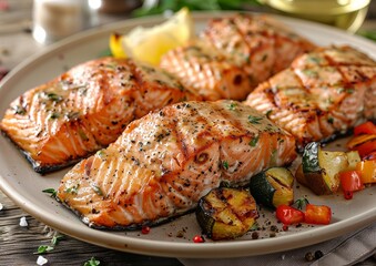 Wall Mural - Grilled Herb-Crusted Salmon Fillets with Roasted Vegetables and Lemon Wedges for a Delicious and Healthy Dinner Option