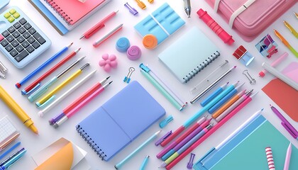 Variety of colorful stationery items on white table surface