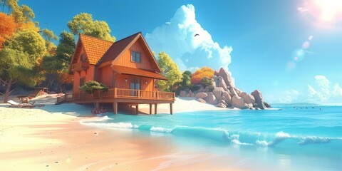 Wall Mural - Beautiful beachfront wooden cabin with scenic ocean view, golden sand, and vibrant autumn foliage, perfect for a tranquil retreat