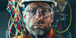 © Oleksandr - portrait of a male electrician wearing a hardhat and safety glasses, with wires wrapped around his head and neck