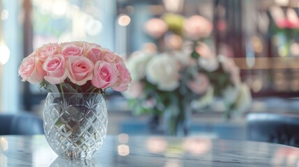 Poster - A bouquet of pink roses sits in a clear crystal vase on a marble table. The background is blurred, showing other flowers and a window.