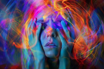 A striking portrait of a person with hands on their head, surrounded by vivid, colorful light trails emanating an intense emotional atmosphere
