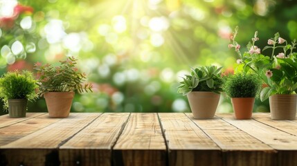 Poster - A row of potted plants sit on a wooden table, set against a blurred background of green foliage and sunlight.