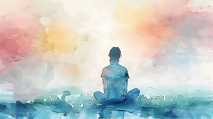 Wall Mural - serene watercolor illustration promoting mindfulness and selfcare calming meditation art with soothi