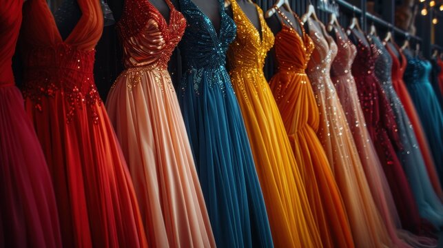 A Row of Colorful Sequined Dresses on Display