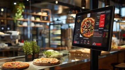 A digital menu display shows a delicious pizza in a restaurant setting. The menu board is positioned above a counter with freshly baked pizzas ready to be served.