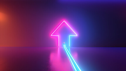3d render, abstract minimalist geometric background. Colorful neon ascending arrow, linear sign