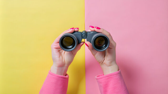 female hands hold black binoculars on a bright yellow background