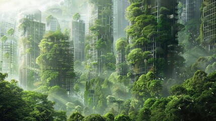 Wall Mural - environmental awareness city with forest concept of metropolis covered with green plants. Civil architecture and natural biological life combination. Digital art generative
