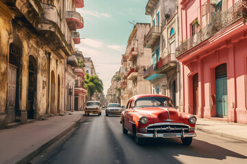 Naklejka na meble Classic car driving down a street in havana, cuba