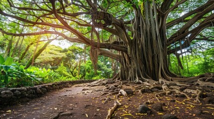 Wall Mural - Large Banyan tree in Maui, HI along the Pipiwai trail near the road to Hana