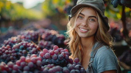 Wall Mural - Young Woman Harvesting Grapes in Vineyard During Harvest Season