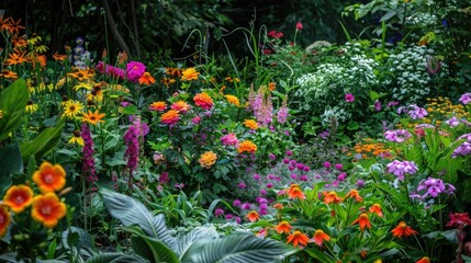 Wall Mural - Lush garden filled with colorful flowers and plants, floral, botanical, nature, biodiversity, gardening, greenery, lush, vibrant, blooms, foliage, peaceful, serene, outdoor, beauty
