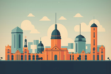 Wall Mural - Cityscape illustration with tall buildings and churches