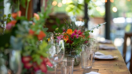 Poster - A close-up view of a vibrant floral centerpiece on a rustic wooden table, with blurred greenery and glassware in the foreground. The table is set for a gathering, with napkins and plates visible.