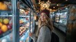 © AS Photo Family - Young Woman Smiling While Opening the Refrigerator Door in a Well-Lit Grocery Store