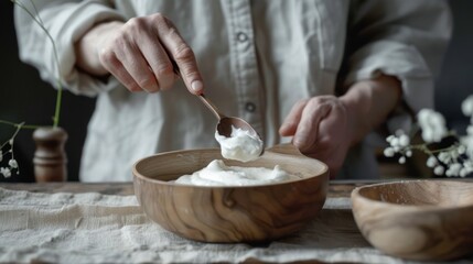 A person is holding a spoon in a bowl of yogurt