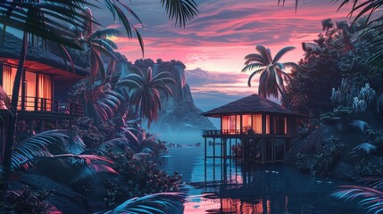Luxury wooden cabin in a tropical landscape,