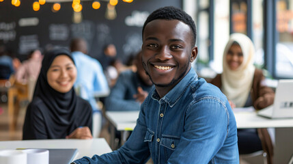 Canvas Print - Young adult in a denim shirt enjoying time with a diverse group at a modern cafe