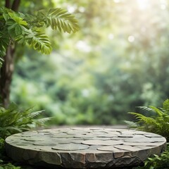 Stone podium on blur green forest background 