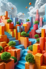 Wall Mural - A city of colorful blocks with trees and a blue river running through it.