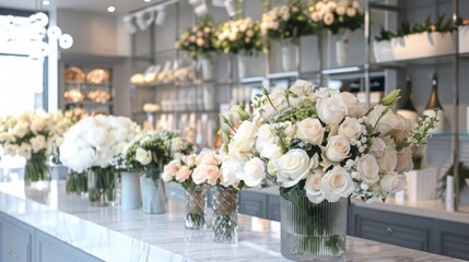 Poster - A close-up view of a row of white rose bouquets in tall, clear vases, sitting on a marble counter in a flower shop.