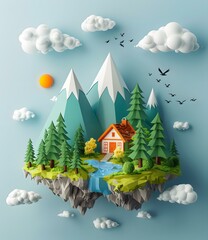 Wall Mural - A small house on an island floating in the sky