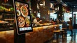 © Prostock-studio - A digital menu display showcasing different types of pizza in a restaurant setting. The display is positioned on a counter with bar stools and blurred background activity.