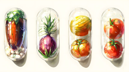 Here are the illustrations of vegetables and fruits encapsulated in a medicine capsule, symbolizing vitamins from natural, healthy food and supplements. If you need any further adjustments or specific