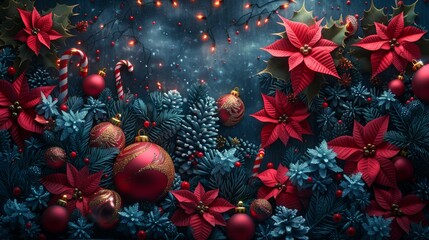 Christmas decoration background featuring red poinsettia flowers and blue pine branches with string lights
