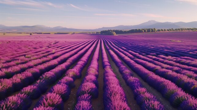 Aerial view of a lavender field in Provence: Expansive lavender field in full bloom in Provence, France, seen from above.