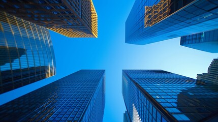 Wall Mural - Modern skyscrapers under a clear blue sky: Low-angle view of modern skyscrapers against a bright blue sky, symbolizing urban development.